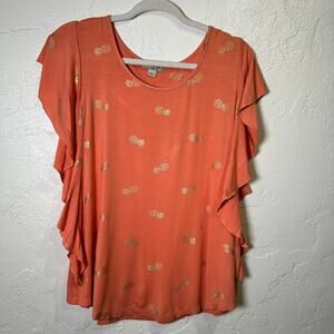 One World Ladies Top Small Coral Gold Pineapples Boho Ruffle Cap Sleeves Coastal